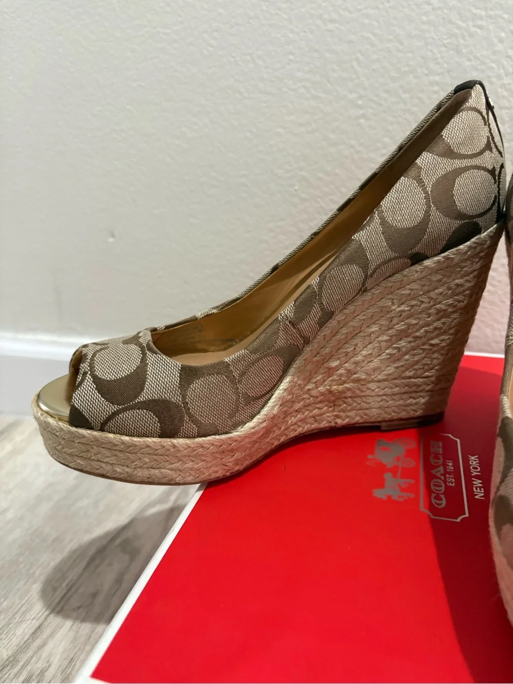 Coach Signature Canvas Peep-Toe Wedge in Beige and Brown
